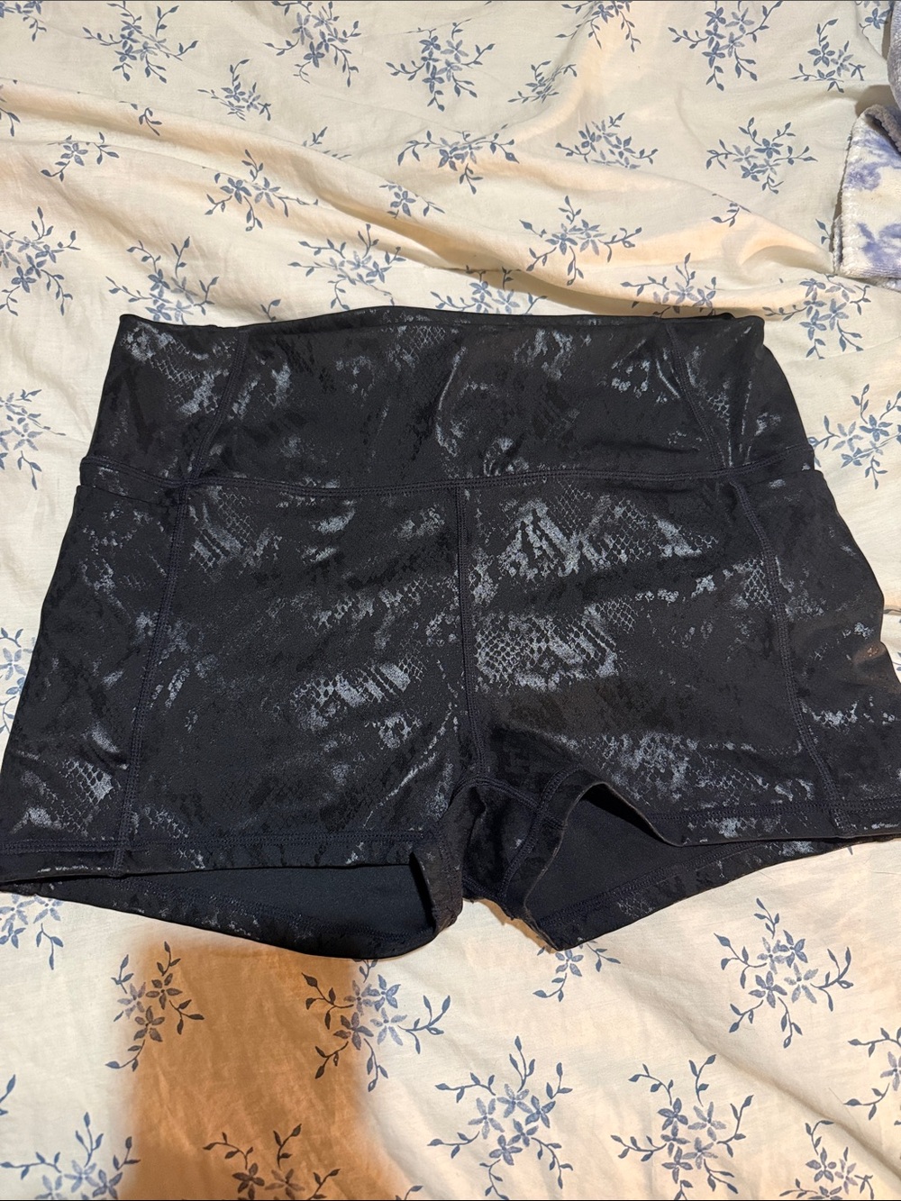Fabletics Black High-Rise Bike Shorts with Subtle Snake Print